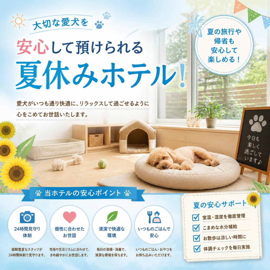 大切な愛犬を安心して預けられる夏休みホテル！