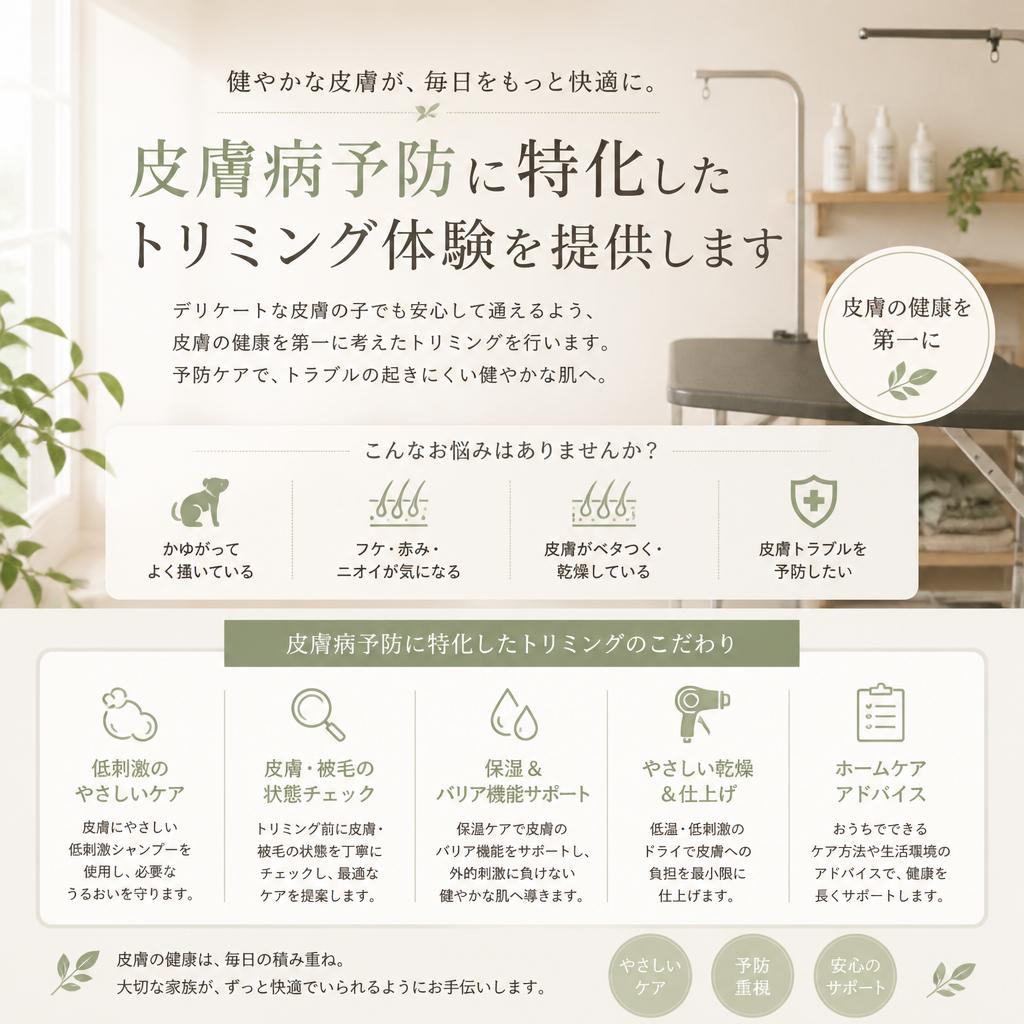 皮膚病予防に特化したトリミング体験を提供します
